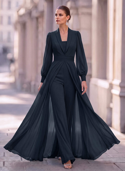 Jumpsuit/Pantsuit V-Neck Long Sleeves Floor-Length Chiffon Mother Of The Bride Dresses With Overskirt Dress