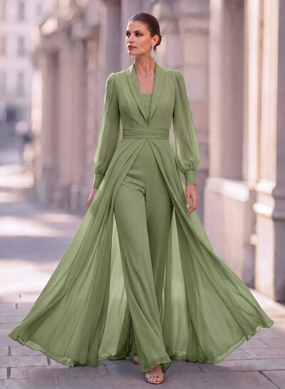 V-Neck Long Sleeve Floor-Length Chiffon Evening Jumpsuit With Overskirt