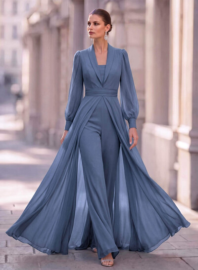 V-Neck Long Sleeve Floor-Length Chiffon Mother Of The Bride Jumpsuit/Pantsuit With Overskirt