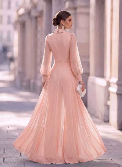 Jumpsuit/Pantsuit V-Neck Long Sleeves Floor-Length Chiffon Mother Of The Bride Dresses With Overskirt Dress