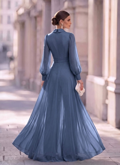 V-Neck Long Sleeve Chiffon Jumpsuit & Trouser Suit For Mother Of The Bride With Maxi Overskirt