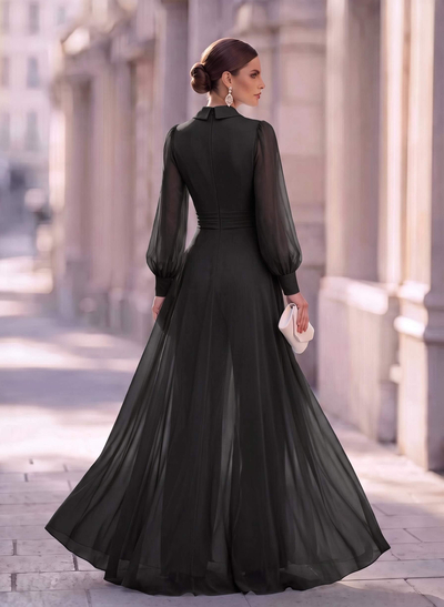 V-Neck Long Sleeve Chiffon Jumpsuit & Trouser Suit For Mother Of The Bride With Maxi Overskirt