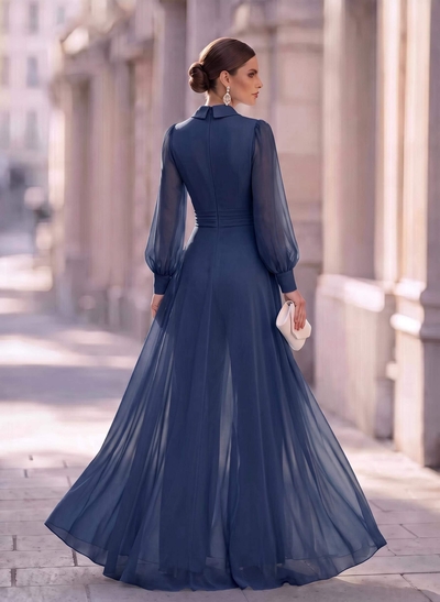 Jumpsuit/Pantsuit V-Neck Long Sleeves Floor-Length Chiffon Mother Of The Bride Dresses With Overskirt Dress
