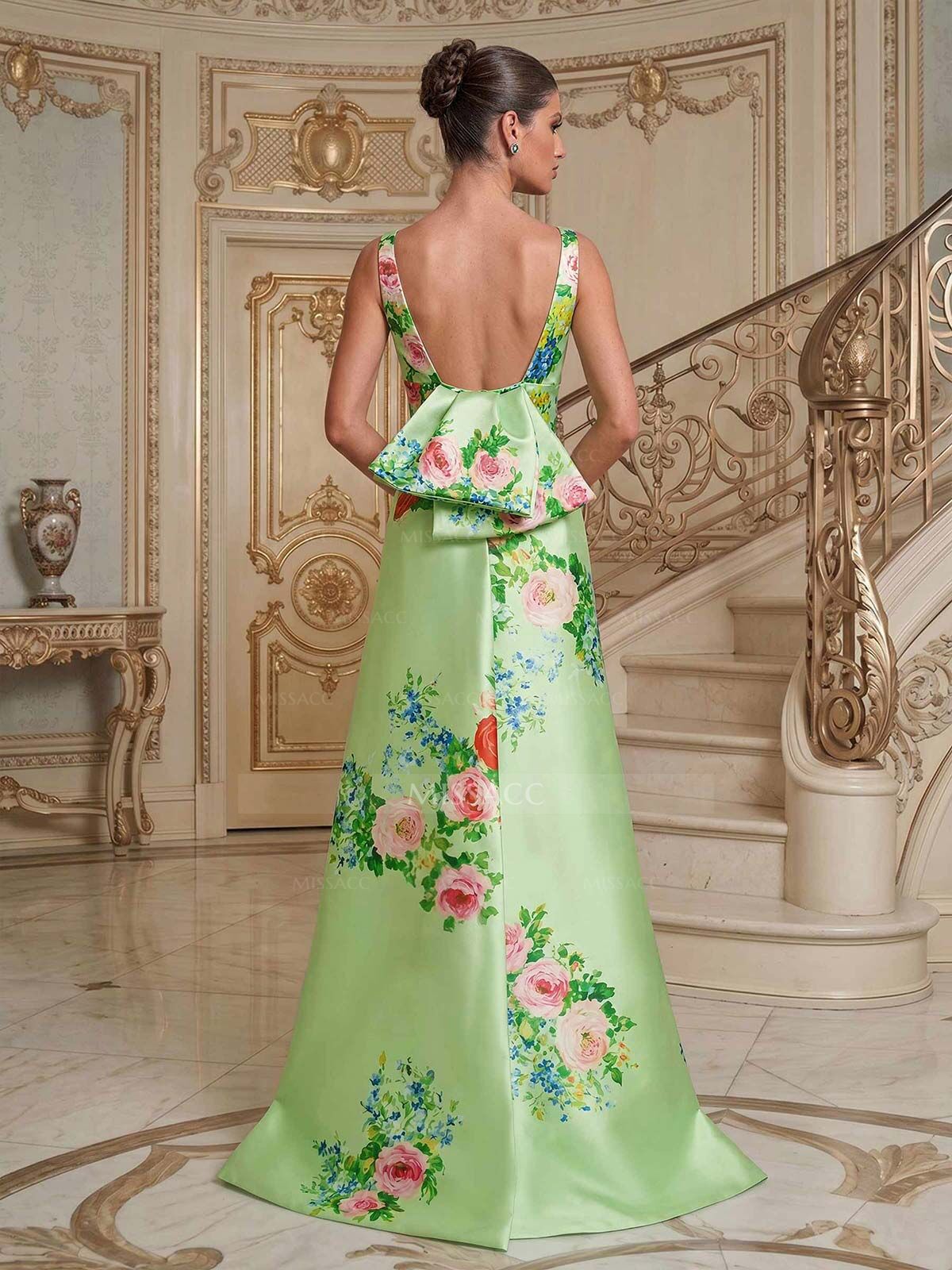 Sheath/Column Plunge Neck Sweep Train Satin Mother Of The Bride Dresses With Bow(s)/Back Slit/Floral-Print