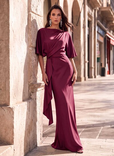 Sheath/Column Cape Sleeves Floor-Length Stretch Satin Mother Of The Bride Dresses With Ruffle