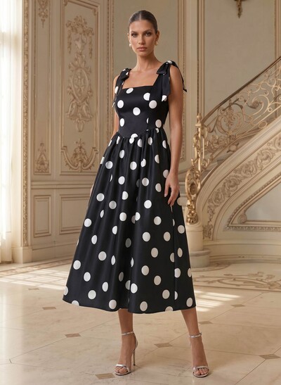 A-Line Square Neckline Sleeveless Tea-Length Satin Mother Of The Bride Dresses