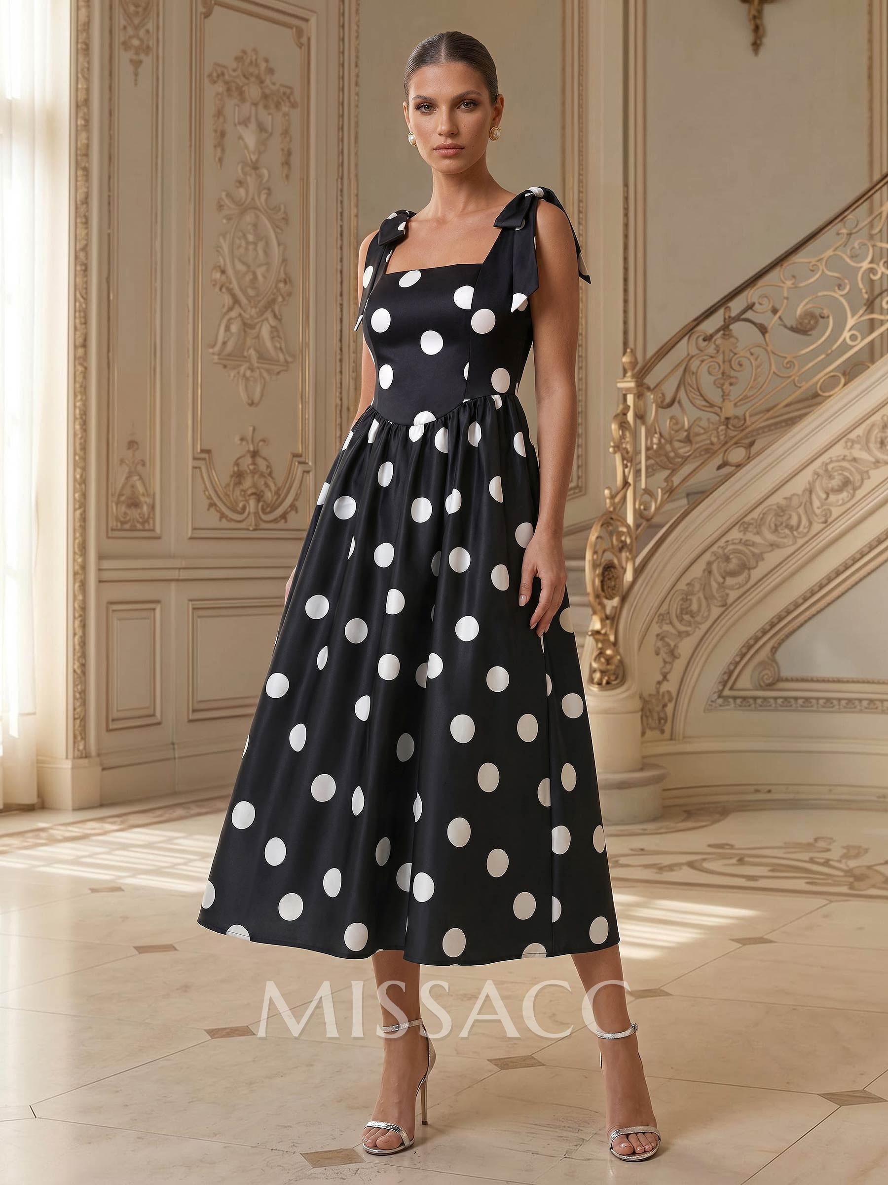 A-Line Square Neckline Sleeveless Tea-Length Satin Mother Of The Bride Dresses