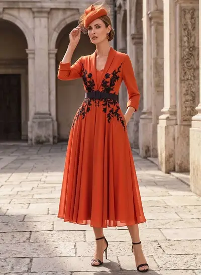 A-Line V-Neck 3/4 Sleeves Tea-Length Chiffon Mother Of The Bride Dresses With Sash/Flower(s)
