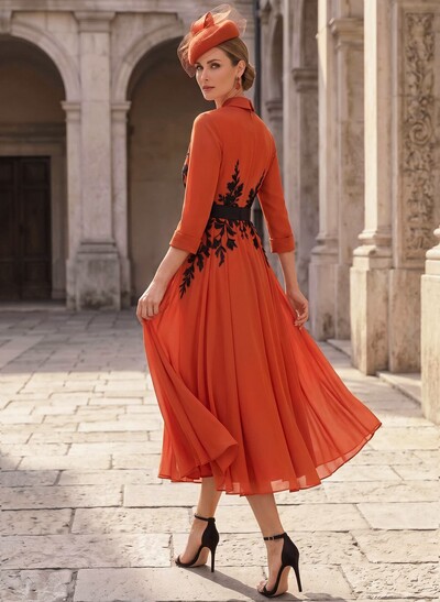 A-Line V-Neck 3/4 Sleeves Tea-Length Chiffon Mother Of The Bride Dresses With Sash/Flower(s)