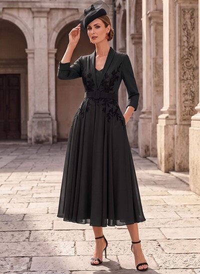 A-Line V-Neck 3/4 Sleeves Tea-Length Chiffon Mother Of The Bride Dresses With Sash/Flower(s)
