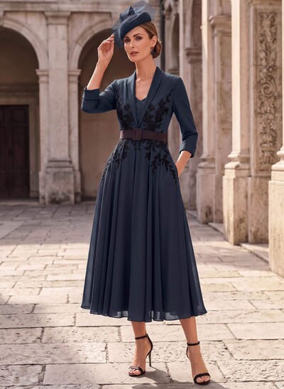 A-Line V-Neck 3/4 Sleeves Tea-Length Chiffon Mother Of The Bride Dresses With Sash/Flower(s)