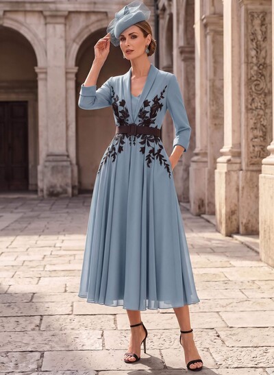 A-Line V-Neck 3/4 Sleeves Tea-Length Chiffon Mother Of The Bride Dresses With Sash/Flower(s)