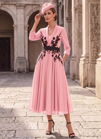 A-Line V-Neck 3/4 Sleeves Tea-Length Chiffon Mother Of The Bride Dresses With Sash/Flower(s)