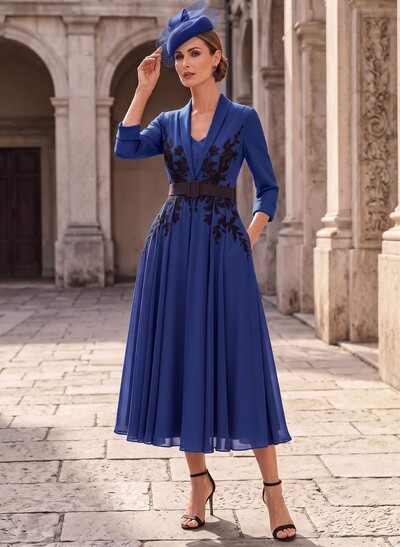 A-Line V-Neck 3/4 Sleeves Tea-Length Chiffon Mother Of The Bride Dresses With Sash/Flower(s)