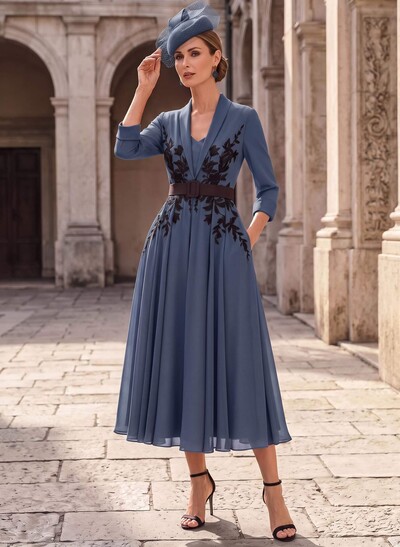 A-Line V-Neck 3/4 Sleeves Tea-Length Chiffon Mother Of The Bride Dresses With Sash/Flower(s)
