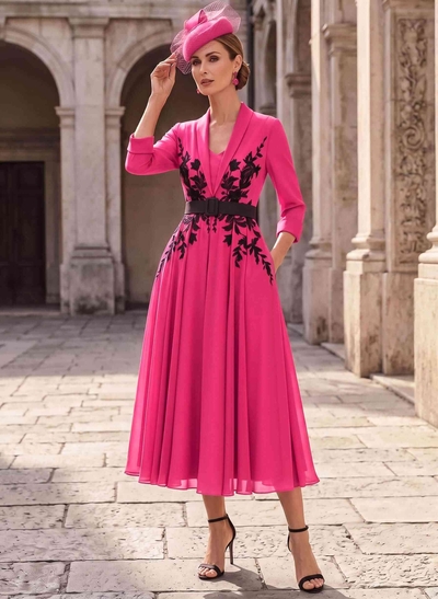 A-Line V-Neck 3/4 Sleeves Tea-Length Chiffon Mother Of The Bride Dresses With Sash/Flower(s)