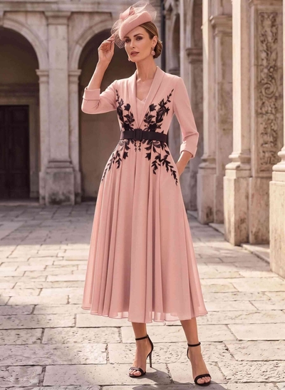 A-Line V-Neck 3/4 Sleeves Tea-Length Chiffon Mother Of The Bride Dresses With Sash/Flower(s)