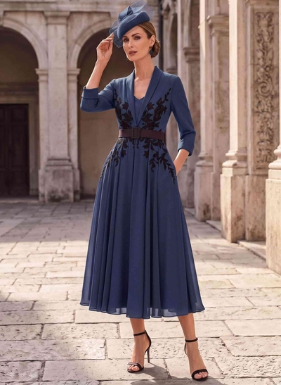 A-Line V-Neck 3/4 Sleeves Tea-Length Chiffon Mother Of The Bride Dresses With Sash/Flower(s)