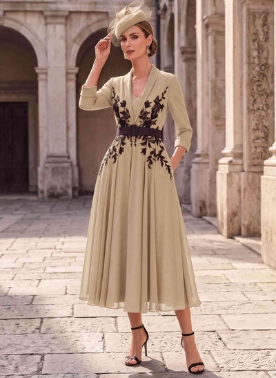 A-Line V-Neck 3/4 Sleeves Tea-Length Chiffon Mother Of The Bride Dresses With Sash/Flower(s)