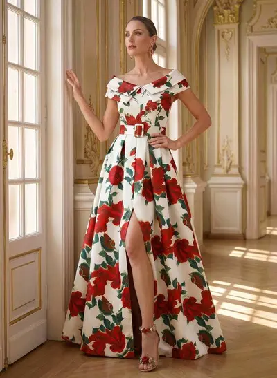 A-Line Cap Straps Floor-Length Satin Mother Of The Bride Dresses With Split Front/Floral-Print