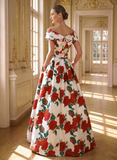 A-Line Cap Straps Floor-Length Satin Mother Of The Bride Dresses With Split Front/Floral-Print