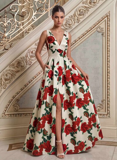 A-Line V-Neck Sleeveless Floor-Length Satin Mother Of The Bride Dresses With Split Front/Floral-Print