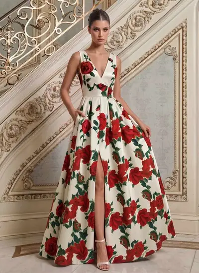 A-Line V-Neck Sleeveless Floor-Length Satin Mother Of The Bride Dresses With Split Front/Floral-Print