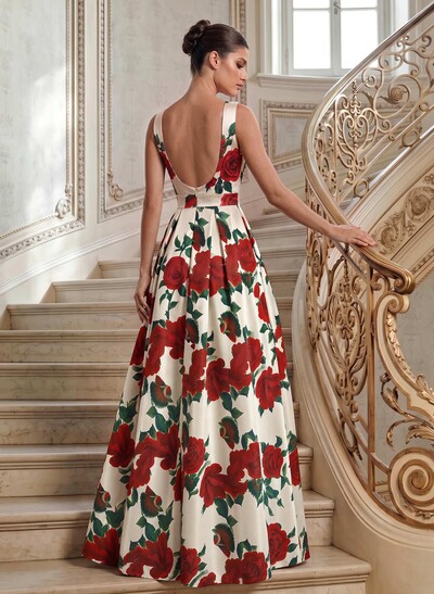 A-Line V-Neck Sleeveless Floor-Length Satin Mother Of The Bride Dresses With Split Front/Floral-Print