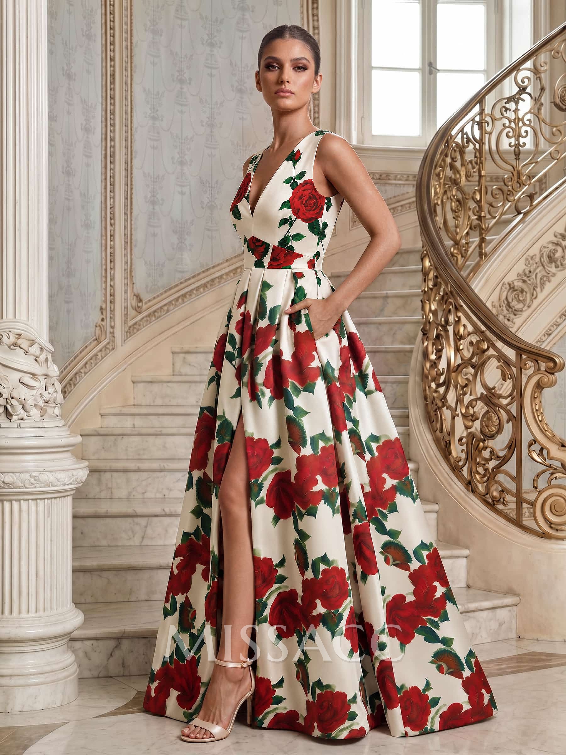 A-Line V-Neck Sleeveless Floor-Length Satin Mother Of The Bride Dresses With Split Front/Floral-Print