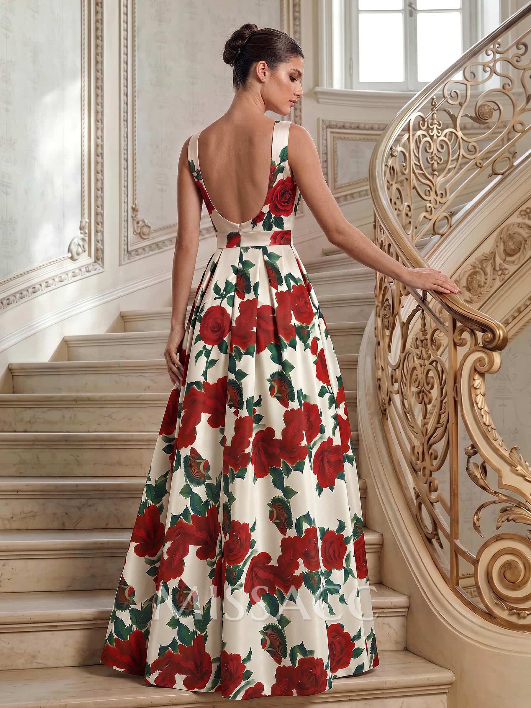 A-Line V-Neck Sleeveless Floor-Length Satin Mother Of The Bride Dresses With Split Front/Floral-Print