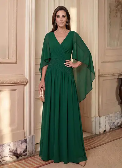 Elegant A-Line V-Neck Cape Sleeves Floor-Length Chiffon Mother Of The Bride Dresses