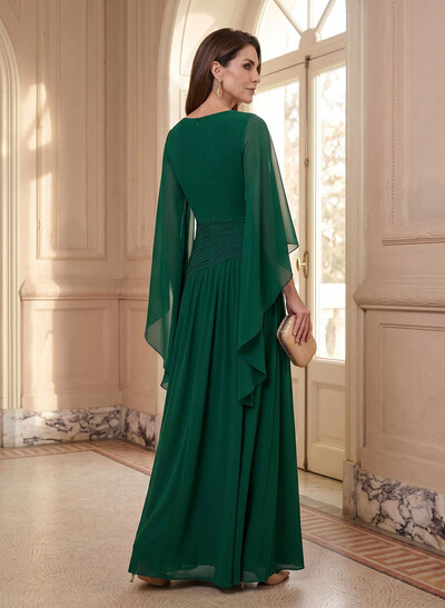 Elegant A-Line V-Neck Cape Sleeves Floor-Length Chiffon Mother Of The Bride Dresses