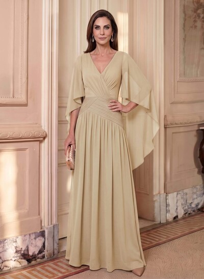 Elegant A-Line V-Neck Cape Sleeves Floor-Length Chiffon Mother Of The Bride Dresses
