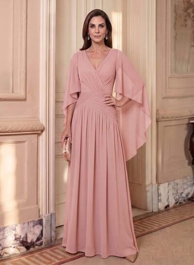 Elegant A-Line V-Neck Cape Sleeves Floor-Length Chiffon Mother Of The Bride Dresses