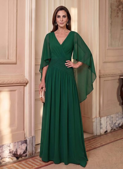 Elegant A-Line V-Neck Cape Sleeves Floor-Length Chiffon Mother Of The Bride Dresses