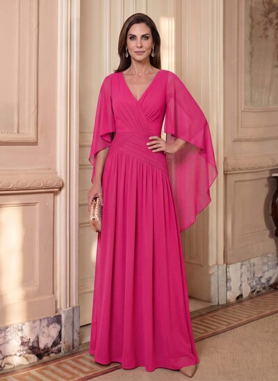Elegant A-Line V-Neck Floor-Length Chiffon Mother Of The Bride Dresses With Cape Sleeves