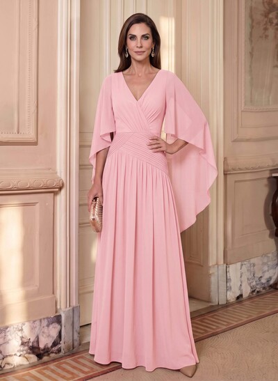 Elegant A-Line V-Neck Cape Sleeves Floor-Length Chiffon Mother Of The Bride Dresses