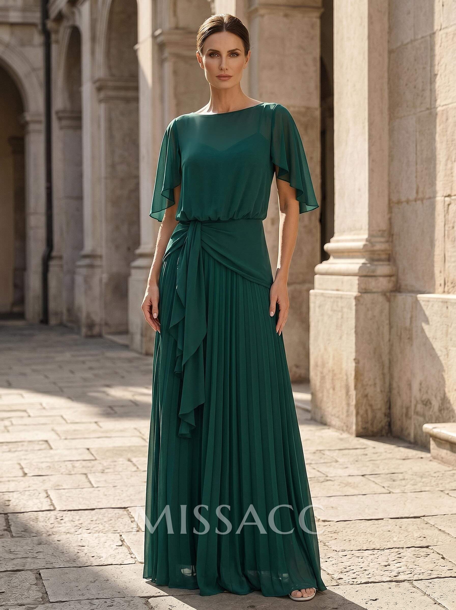 A-Line Scoop Neck Short Sleeves Floor-Length Chiffon Mother Of The Bride Dresses With Ruffle/Pleated