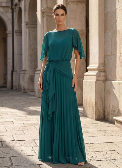 A-Line Scoop Neck Short Sleeves Floor-Length Chiffon Mother Of The Bride Dresses With Ruffle/Pleated