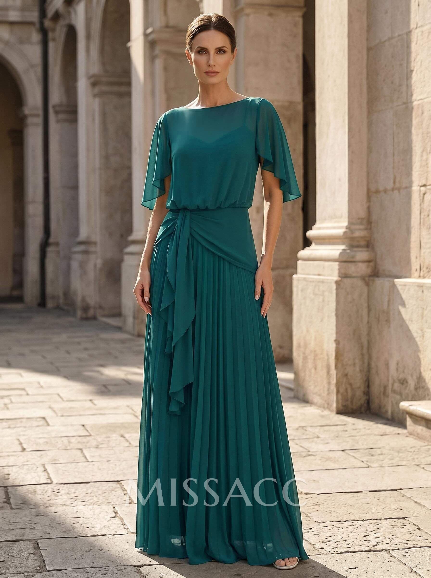 A-Line Scoop Neck Short Sleeves Floor-Length Chiffon Mother Of The Bride Dresses With Ruffle/Pleated A-Line Scoop Neck Short Sleeves Floor-Length Chiffon Mother Of The Bride Dresses With Ruffle/Pleated