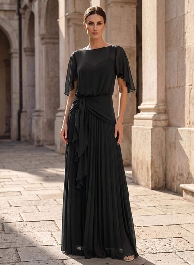 A-Line Scoop Neck Short Sleeves Floor-Length Chiffon Mother Of The Bride Dresses With Ruffle/Pleated
