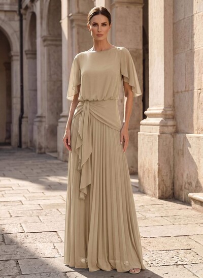 A-Line Scoop Neck Short Sleeves Floor-Length Chiffon Mother Of The Bride Dresses With Ruffle/Pleated