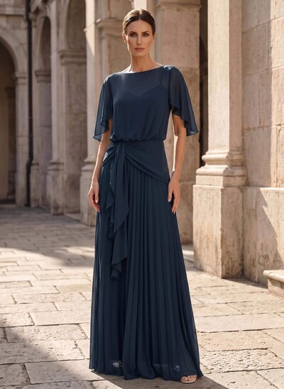 A-Line Scoop Neck Short Sleeves Floor-Length Chiffon Mother Of The Bride Dresses With Ruffle/Pleated
