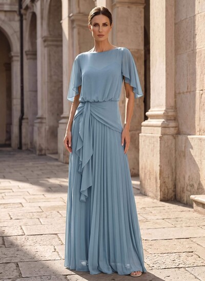 A-Line Scoop Neck Short Sleeves Floor-Length Chiffon Mother Of The Bride Dresses With Ruffle/Pleated