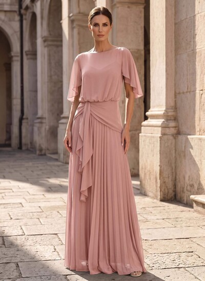 A-Line Scoop Neck Short Sleeves Floor-Length Chiffon Mother Of The Bride Dresses With Ruffle/Pleated