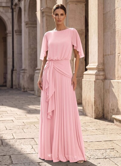 A-Line Scoop Neck Short Sleeves Floor-Length Chiffon Mother Of The Bride Dresses With Ruffle/Pleated