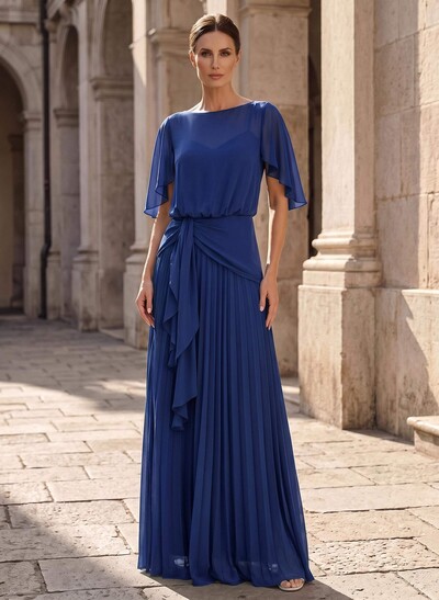 A-Line Scoop Neck Short Sleeves Floor-Length Chiffon Mother Of The Bride Dresses With Ruffle/Pleated