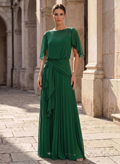 A-Line Scoop Neck Short Sleeves Floor-Length Chiffon Mother Of The Bride Dresses With Ruffle/Pleated