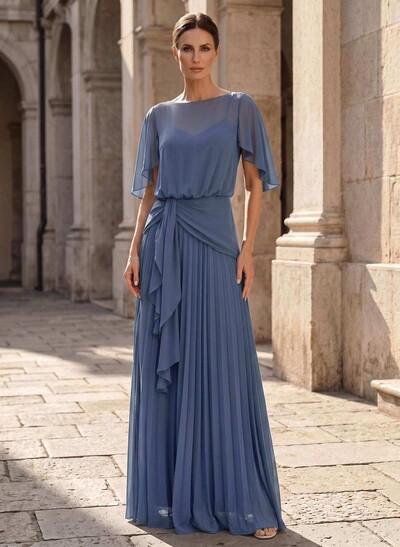 A-Line Scoop Neck Short Sleeves Floor-Length Chiffon Mother Of The Bride Dresses With Ruffle/Pleated