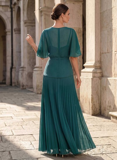 A-Line Scoop Neck Short Sleeves Floor-Length Chiffon Mother Of The Bride Dresses With Ruffle/Pleated